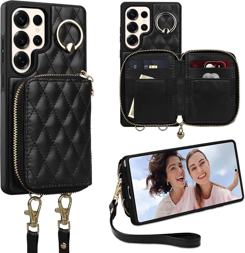 Keallce Case for Samsung Galaxy S25 Ultra 6.9'' Wallet Case,Crossbody Zipper Galaxy S25 Ultra Purse Wrist Strap Lanyard Handbag,RFID Blocking Card Slots,Flip Leather Cover for Samsung S25 Ultra,Black - Image 1